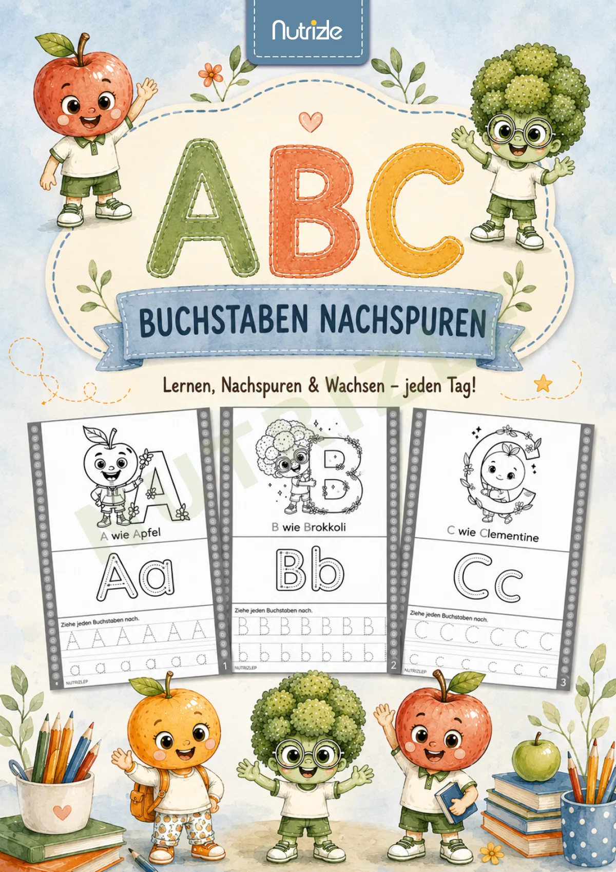 Titelbild von Alphabet nachspuren A–Z – Schwarz-weiß mit Buchstabenbildern | Arbeitsblätter Vorschule Kindergarten