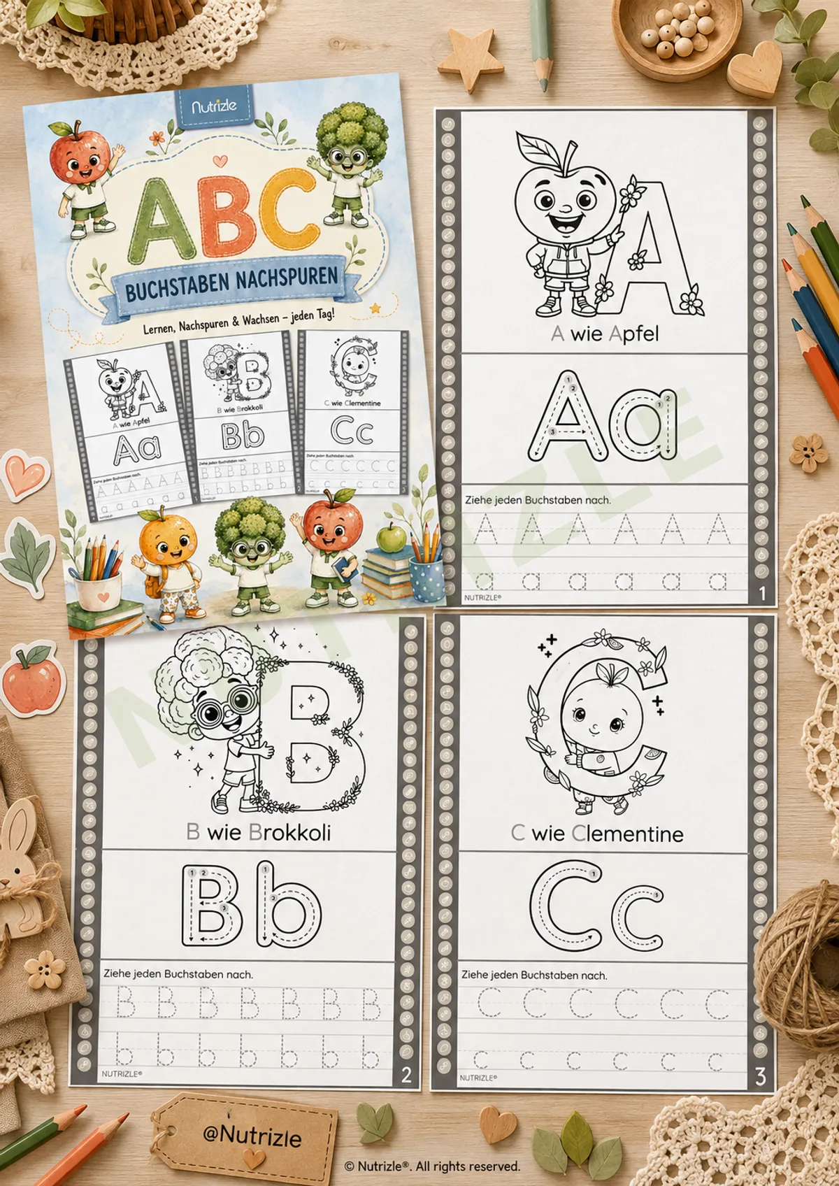 Vorschauseite 2 von Alphabet nachspuren A–Z – Schwarz-weiß mit Buchstabenbildern | Arbeitsblätter Vorschule Kindergarten