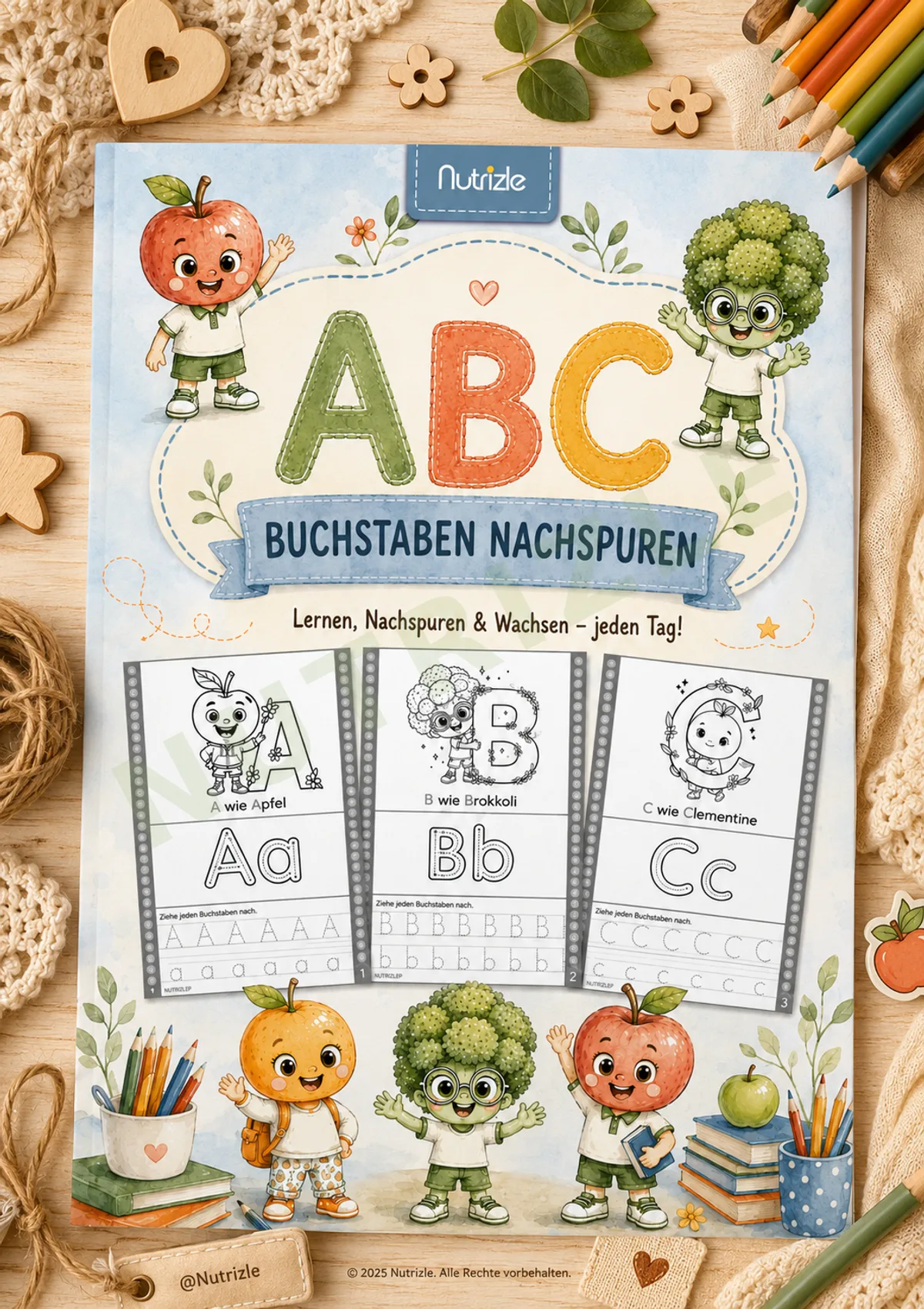 Vorschauseite 1 von Alphabet nachspuren A–Z – Schwarz-weiß mit Buchstabenbildern | Arbeitsblätter Vorschule Kindergarten