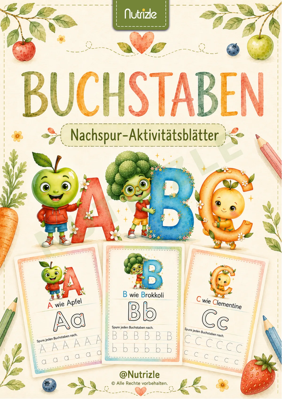 Titelbild von Buchstaben schreiben lernen A–Z – Aquarell-Ausgabe | Arbeitsblätter Vorschule Kindergarten
