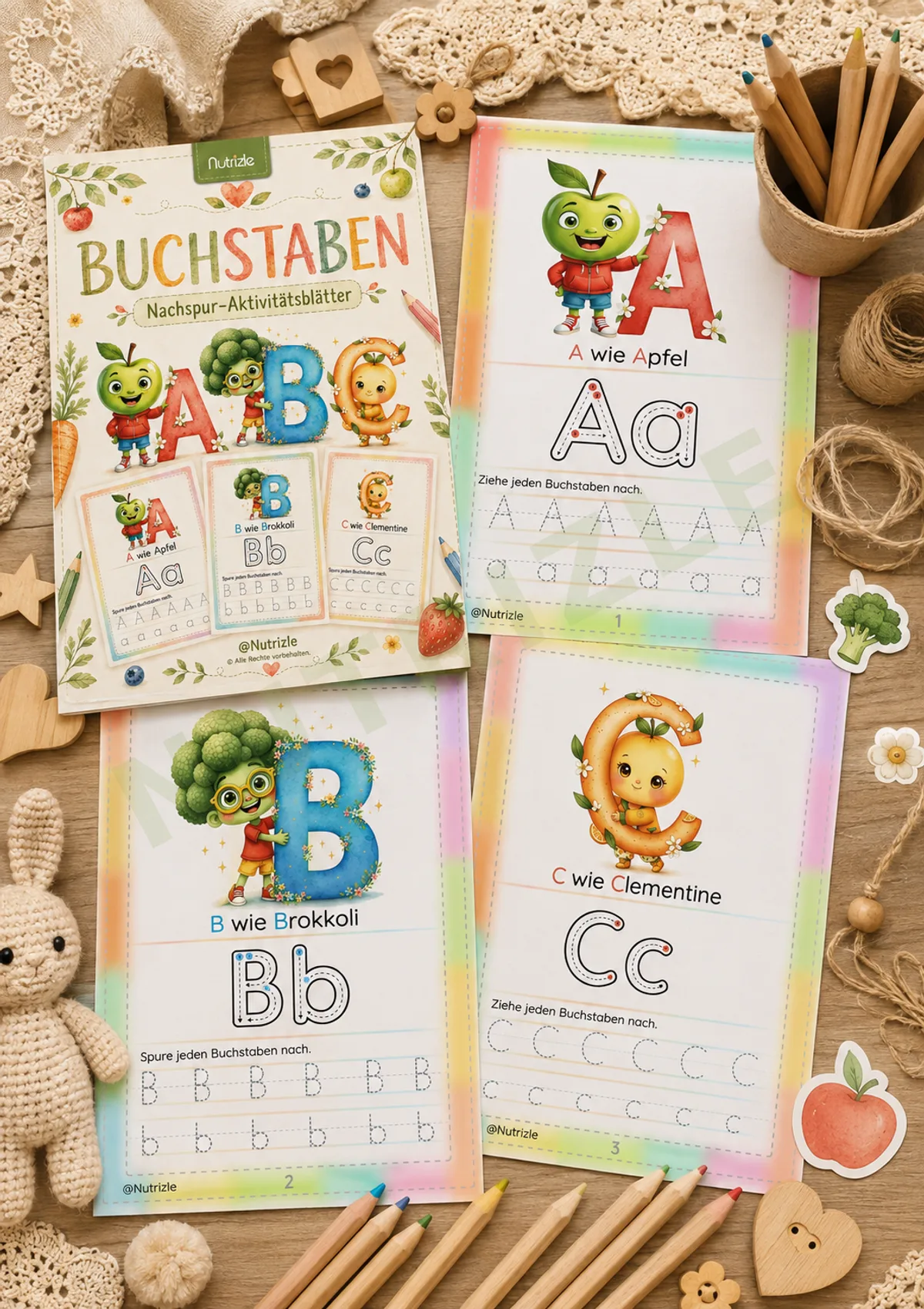 Vorschauseite 2 von Buchstaben schreiben lernen A–Z – Aquarell-Ausgabe | Arbeitsblätter Vorschule Kindergarten