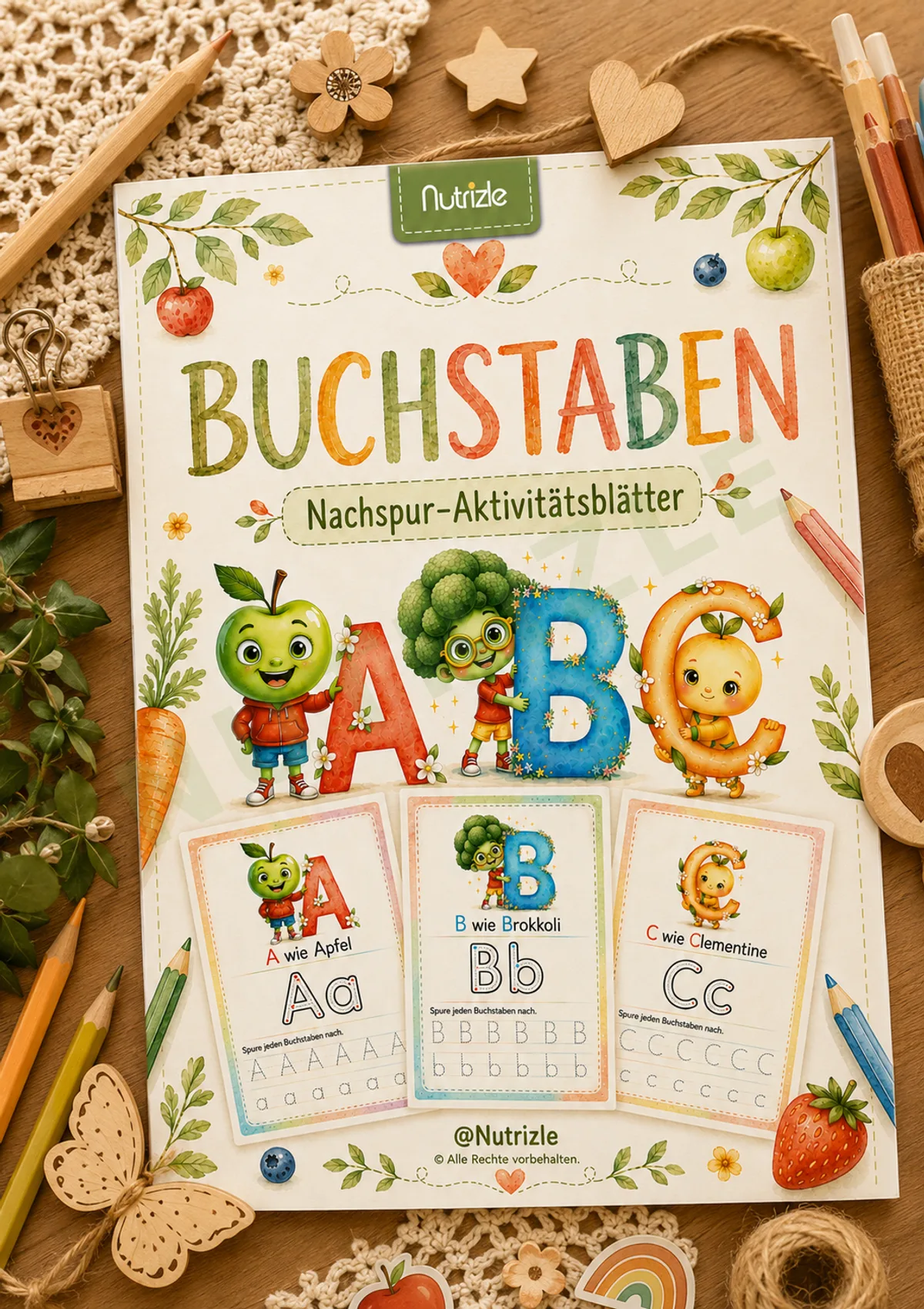 Vorschauseite 1 von Buchstaben schreiben lernen A–Z – Aquarell-Ausgabe | Arbeitsblätter Vorschule Kindergarten